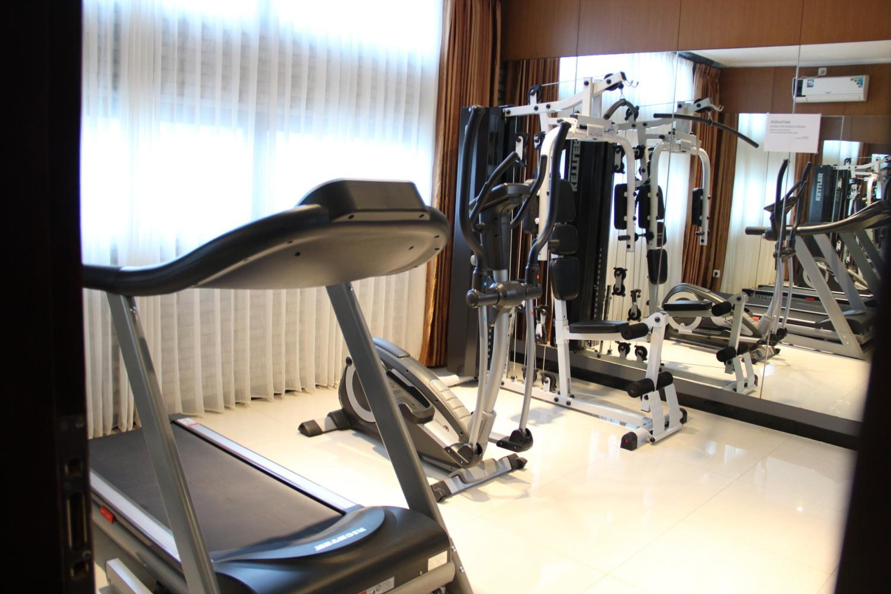 A gym with a treadmill, elliptical, and weight machines.