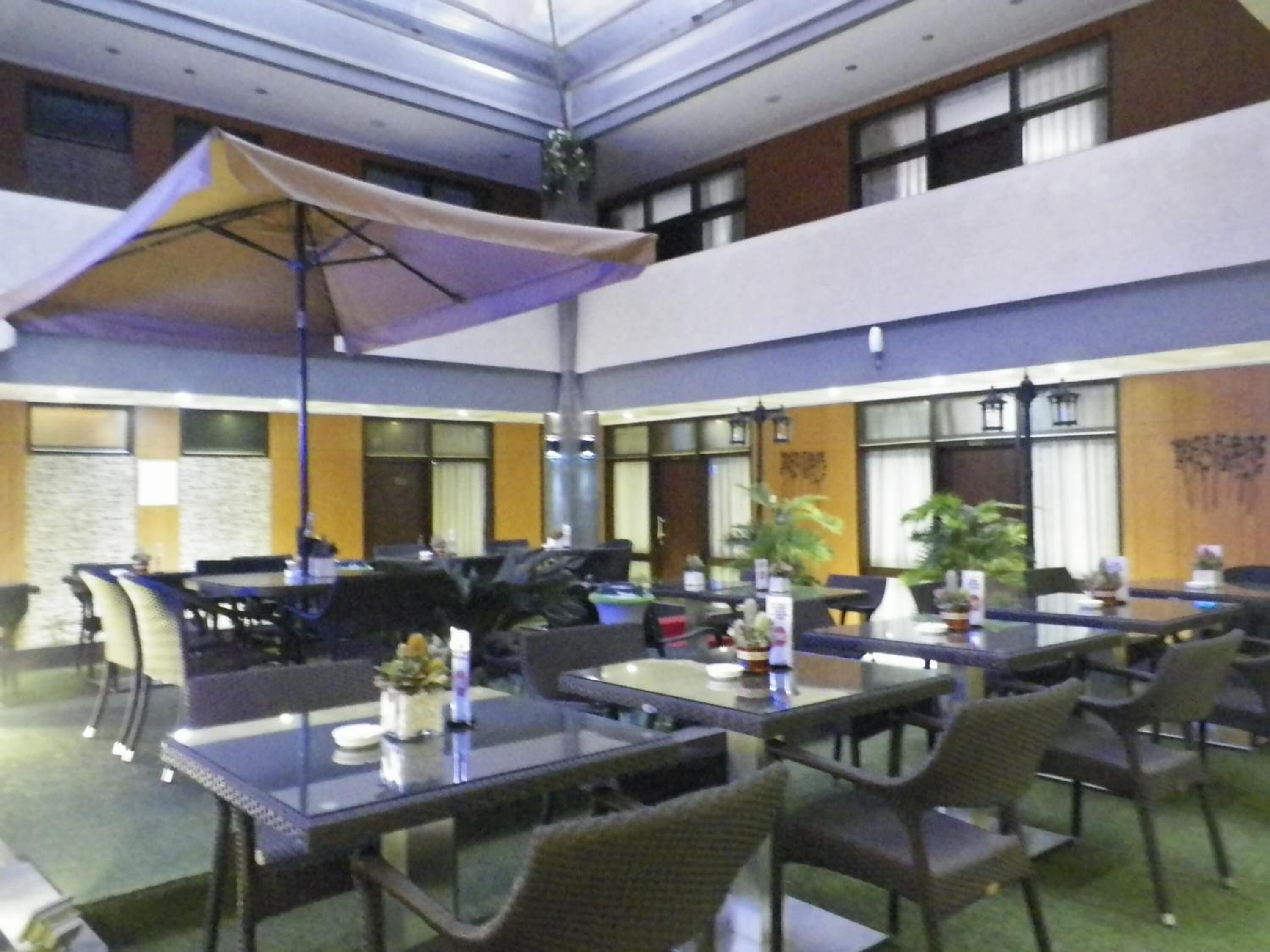 A hotel dining area with multiple tables and chairs, large umbrellas, and potted plants.
