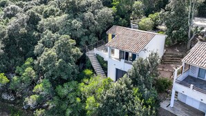 A modern two-story house surrounded by dense forest.