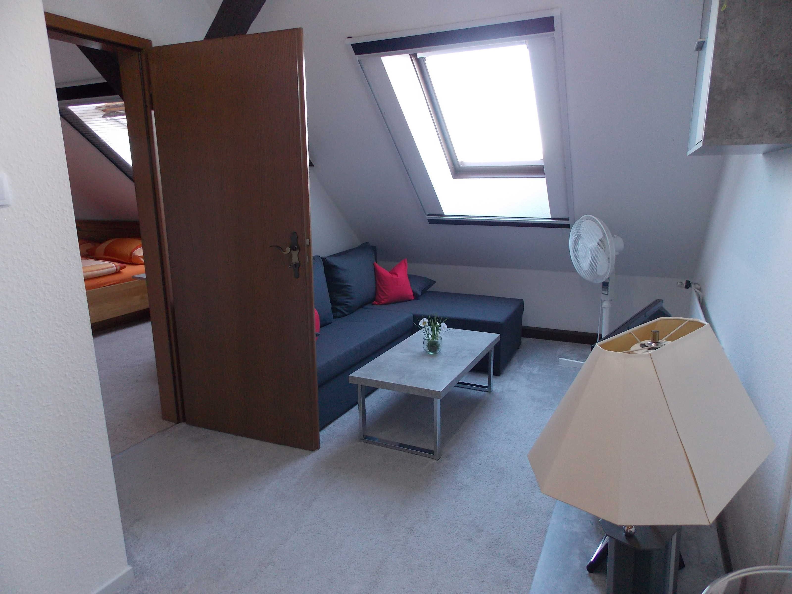 A compact room with a loft bed, a sofa, a small table, and a fan.