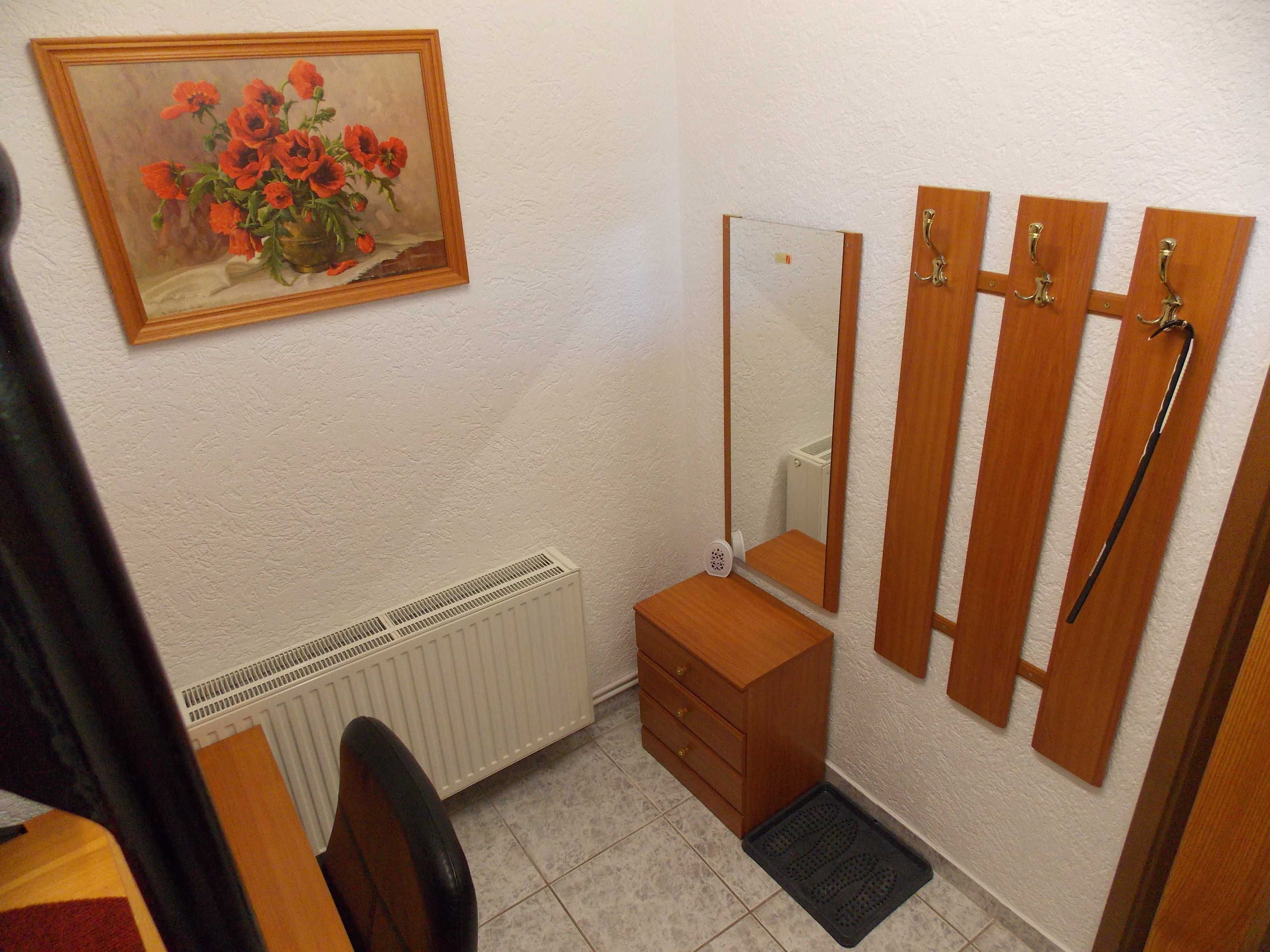 Et lille badeværelse med en radiator, et træskab, et spejl og en bruseholder.