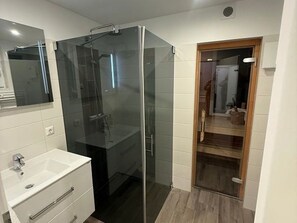 Shower, hair dryer, towels