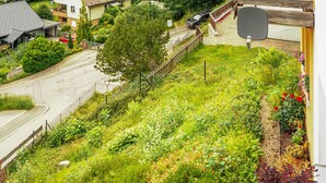 Een woonwijk met een weg, een driehoekig verkeersbord en verschillende planten en bloemen.