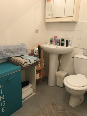 Bathtub, hair dryer, towels, soap