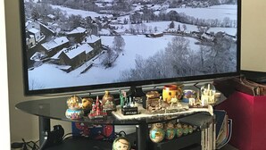 A flat-screen TV on a stand displaying a snowy landscape.