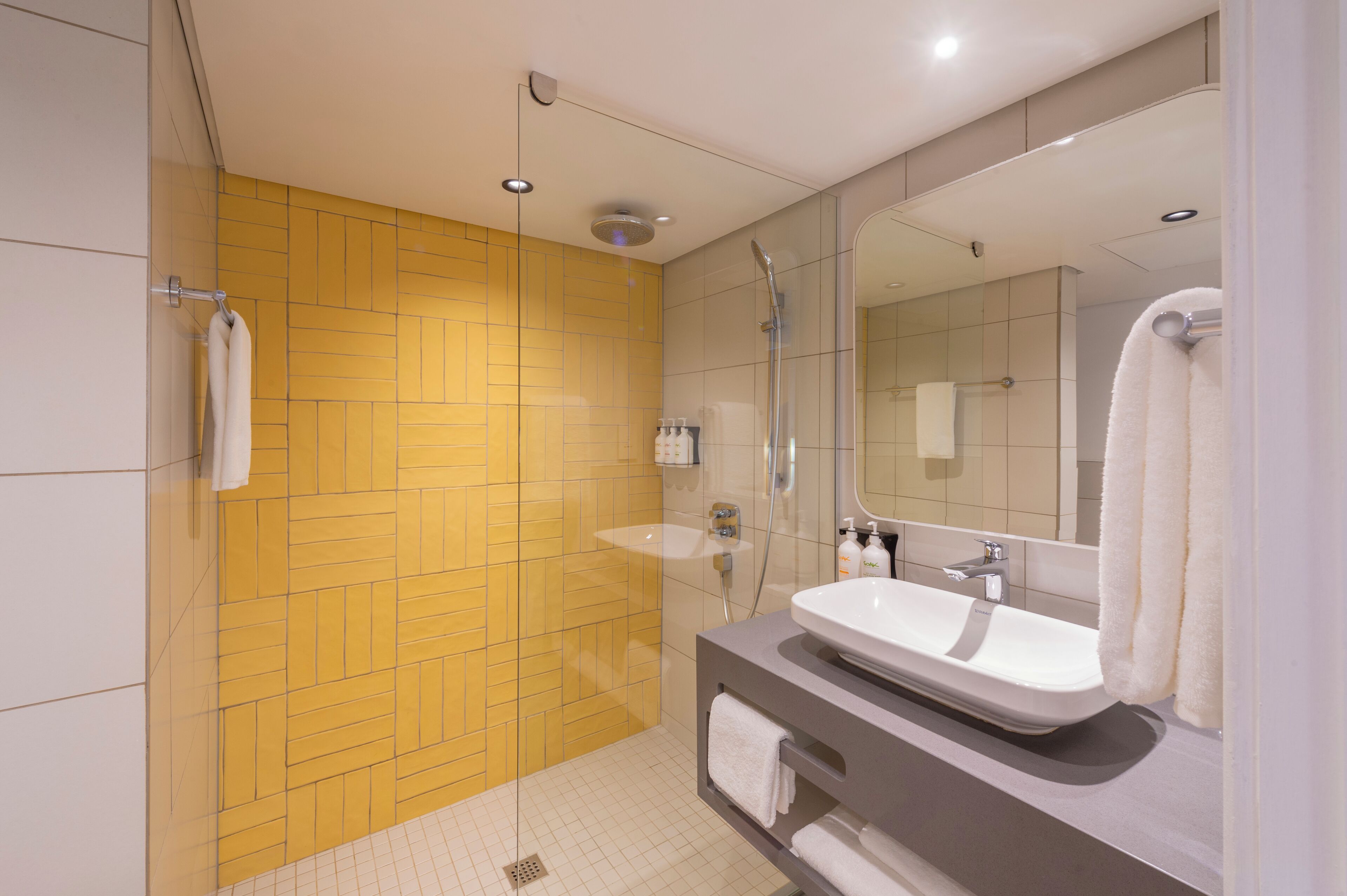 shower, rainfall showerhead, free toiletries, hair dryer