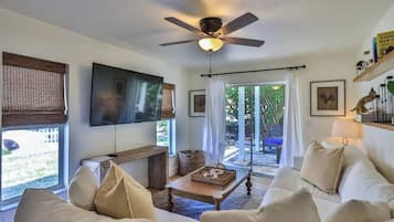 Smart TV, fireplace, books, stereo