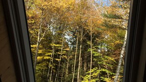 A window with a view of a forest. - Beautiful Modern A-Frame in Southern Vermont is The Place To BE! (Whitingham)
