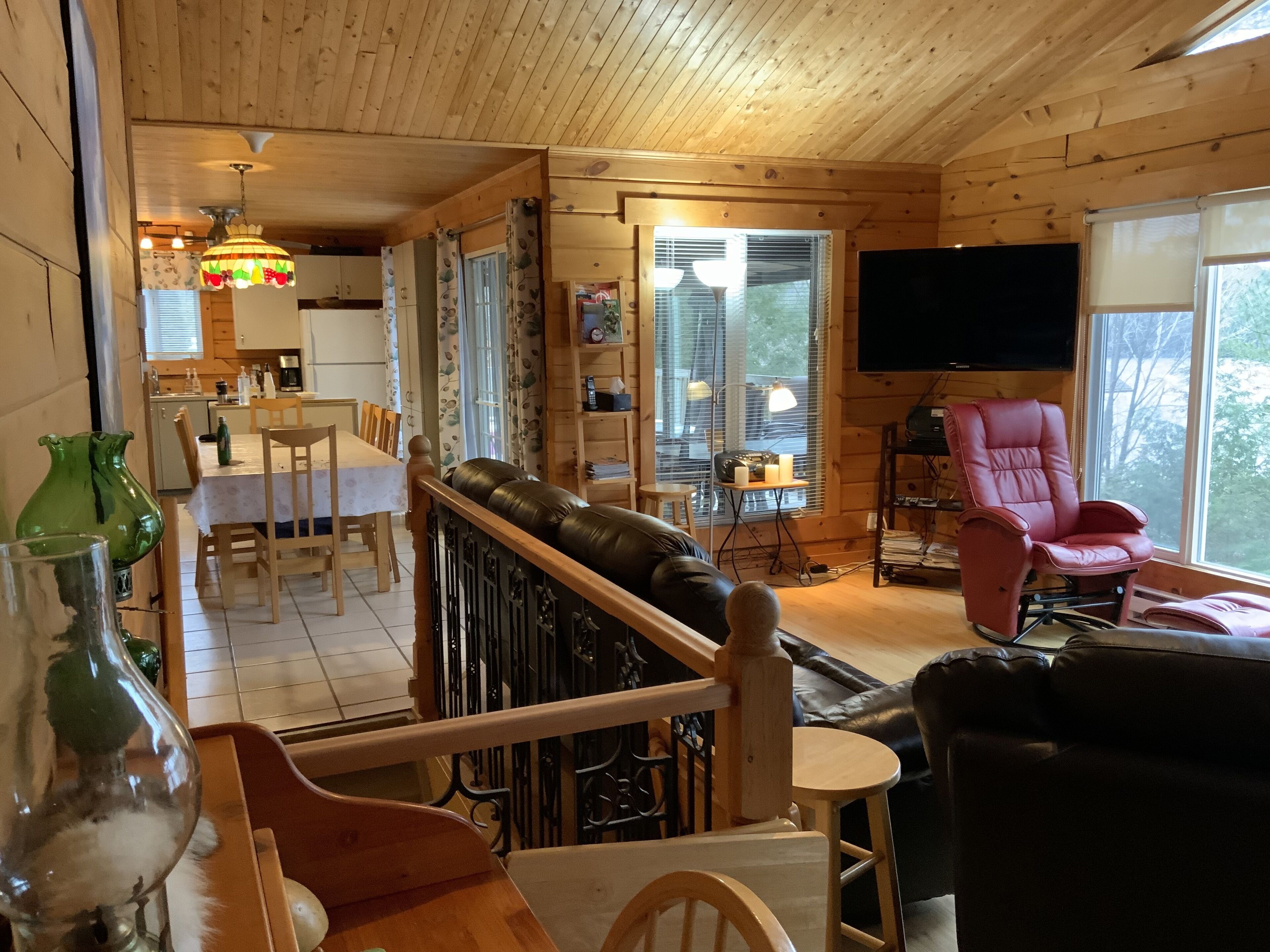 TV connectée, cheminée, lecteur de DVD, livres