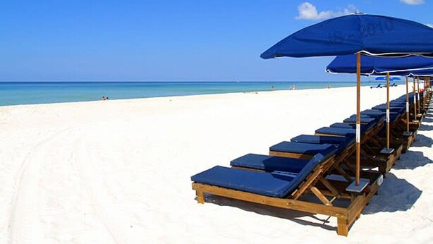 Een strand met rijen ligbedden en blauwe parasols.