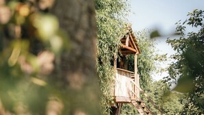 A treehouse with a wooden staircase and a platform, surrounded by trees and grass.