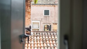 A view through an open door of a building with a tiled roof, a window with a shutter, and a small balcony with a plant.