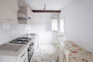 A compact kitchen with a gas stove, a sink, and a window with a view.