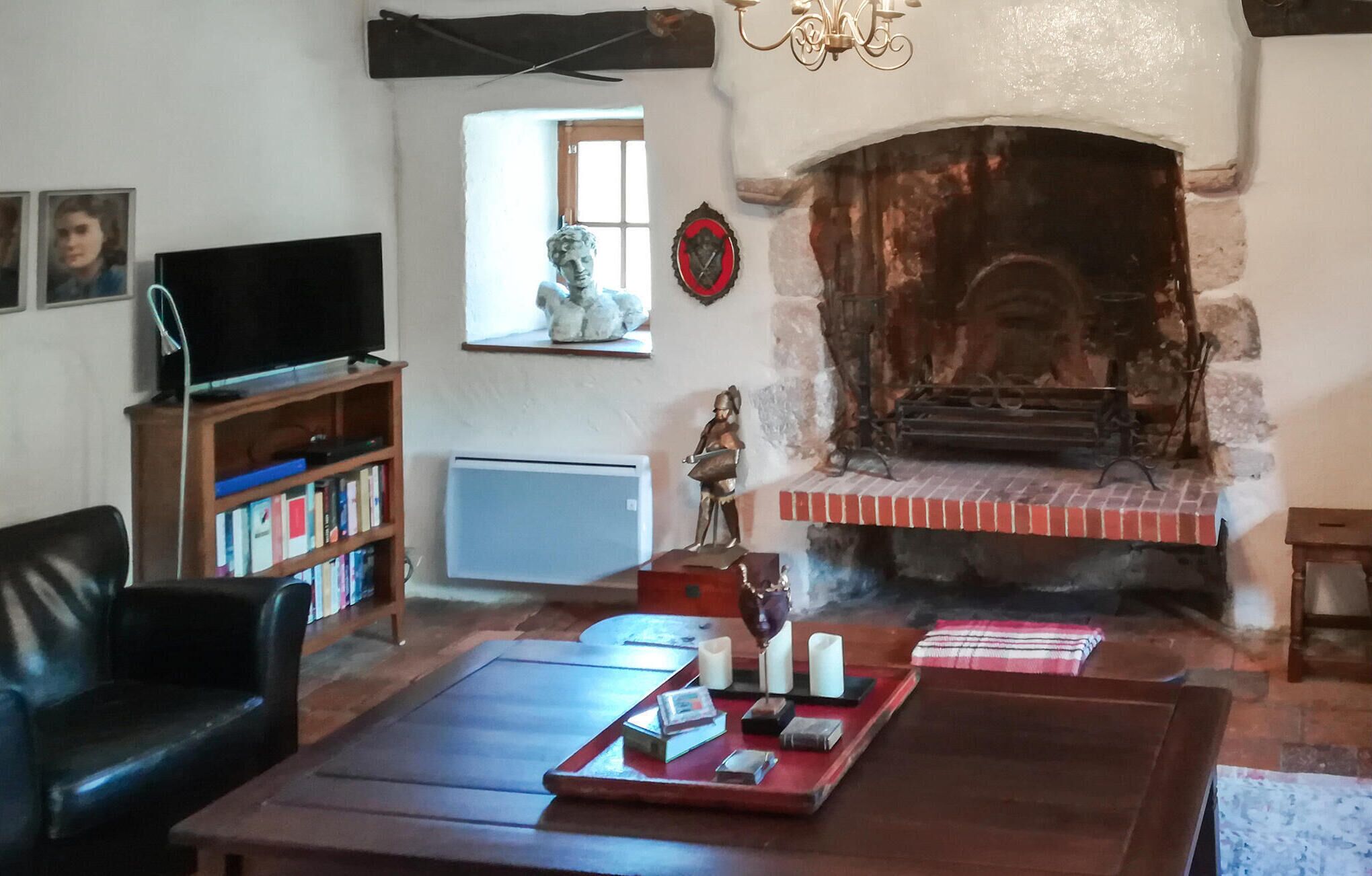 A living room with a fireplace, a television, a bookshelf, and a leather sofa.