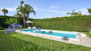 Una piscina rettangolare con un ombrellone bianco, circondata da un prato curato e palme.