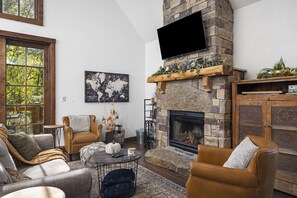 Smart TV, fireplace, DVD player, books