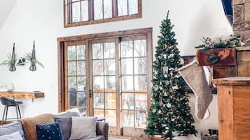 Smart TV, fireplace, DVD player, books