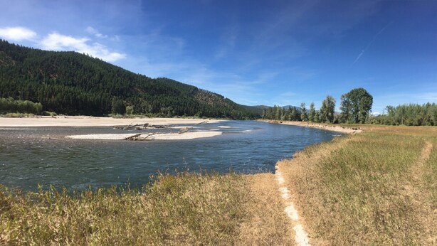 A river with a sandy bank and a forested hill in the background. - Ranch-style home with horse property and fenced yard (Frenchtown)