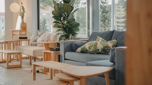 Un salon moderne avec un canapé gris, des tables basses en bois et une grande plante verte.
