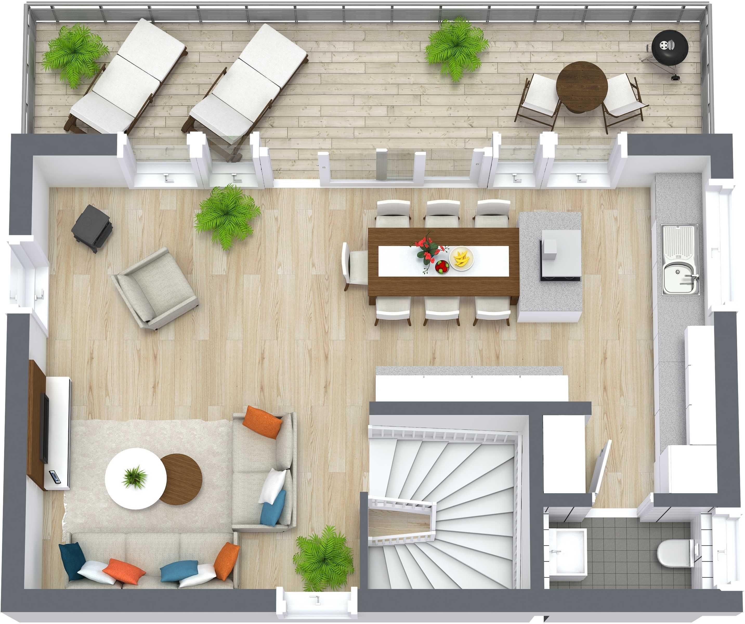 A modern hotel room layout with a sofa, dining table, and a spiral staircase.
