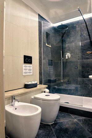 Shower, hair dryer, towels, soap