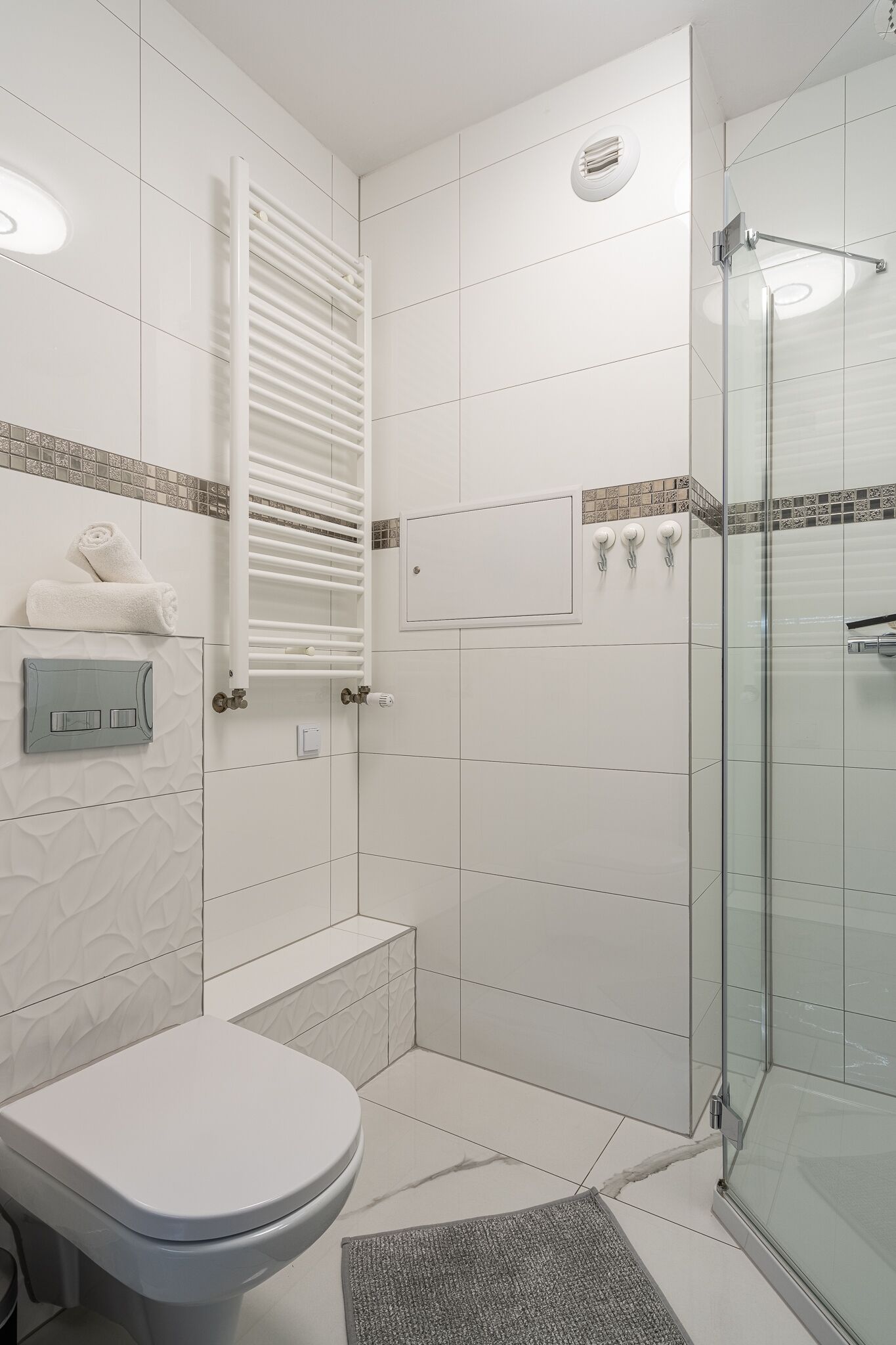 A modern bathroom with a toilet, a glass shower enclosure, and a towel rack.
