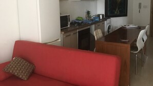 Kompakti oleskelutila, jossa on pieni keittiönurkkaus, ruokailualue ja punainen sohva.
