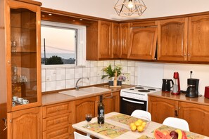 Fridge, oven, stovetop, coffee/tea maker