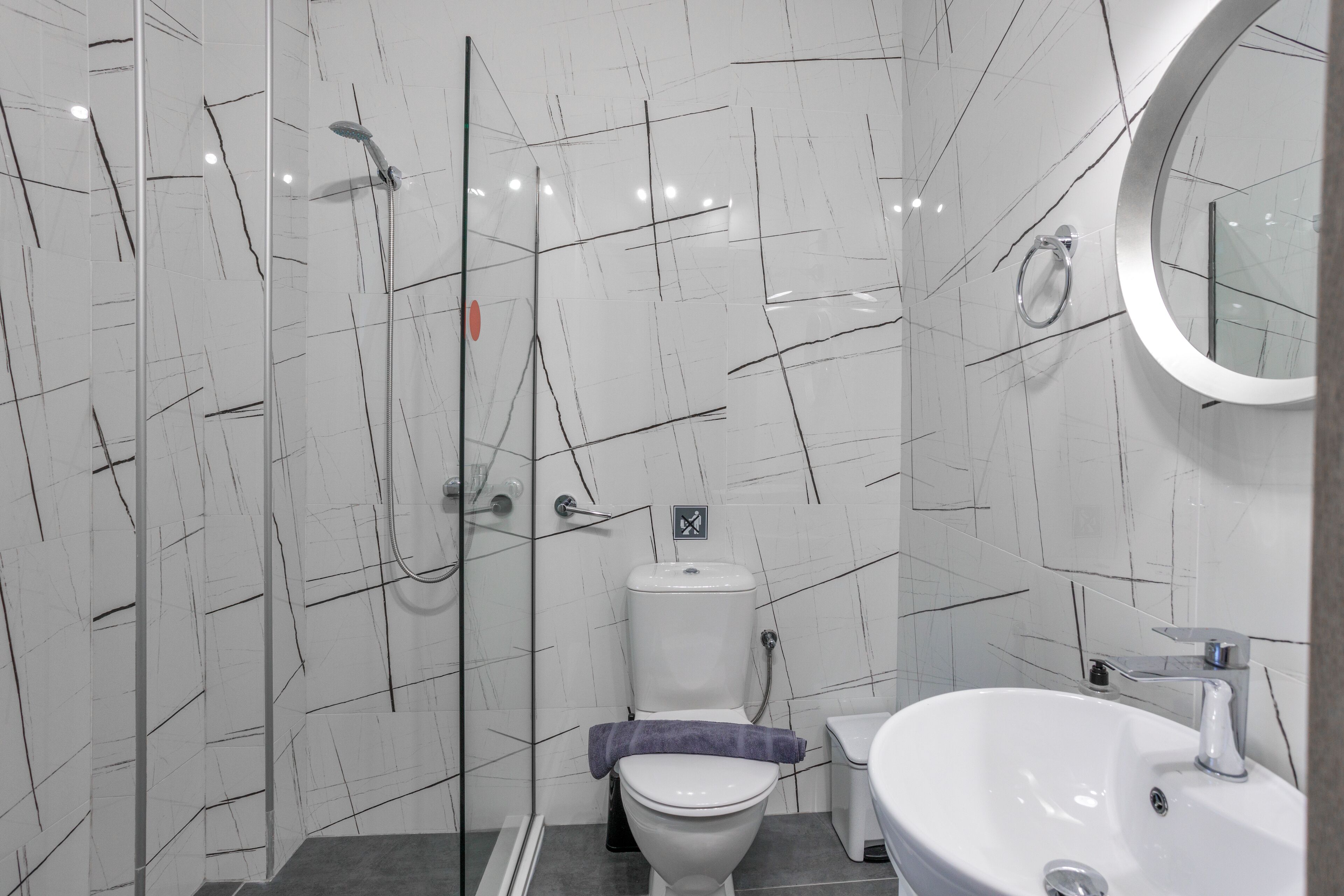 Une salle de bain moderne équipée de toilettes, d’un lavabo et d’une douche à parois en verre.