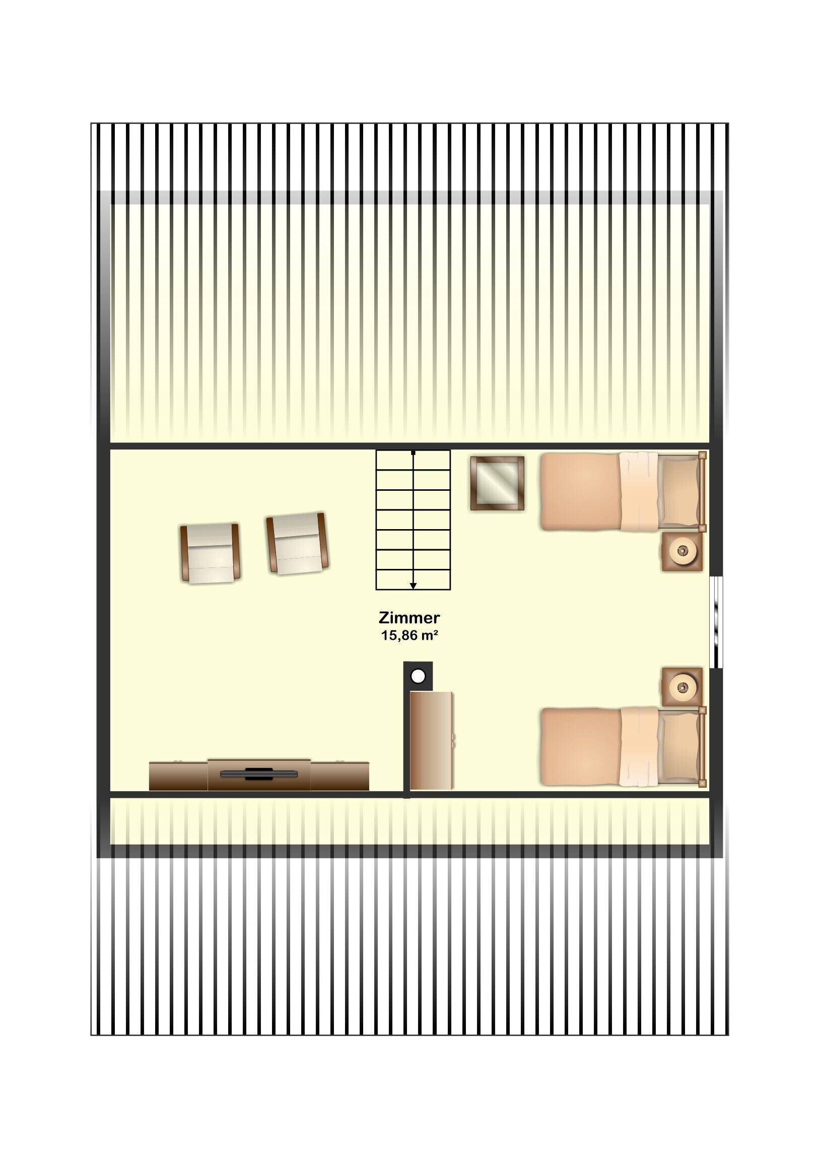 A hotel room layout with a bed, two bedside tables, a desk, and a chair.