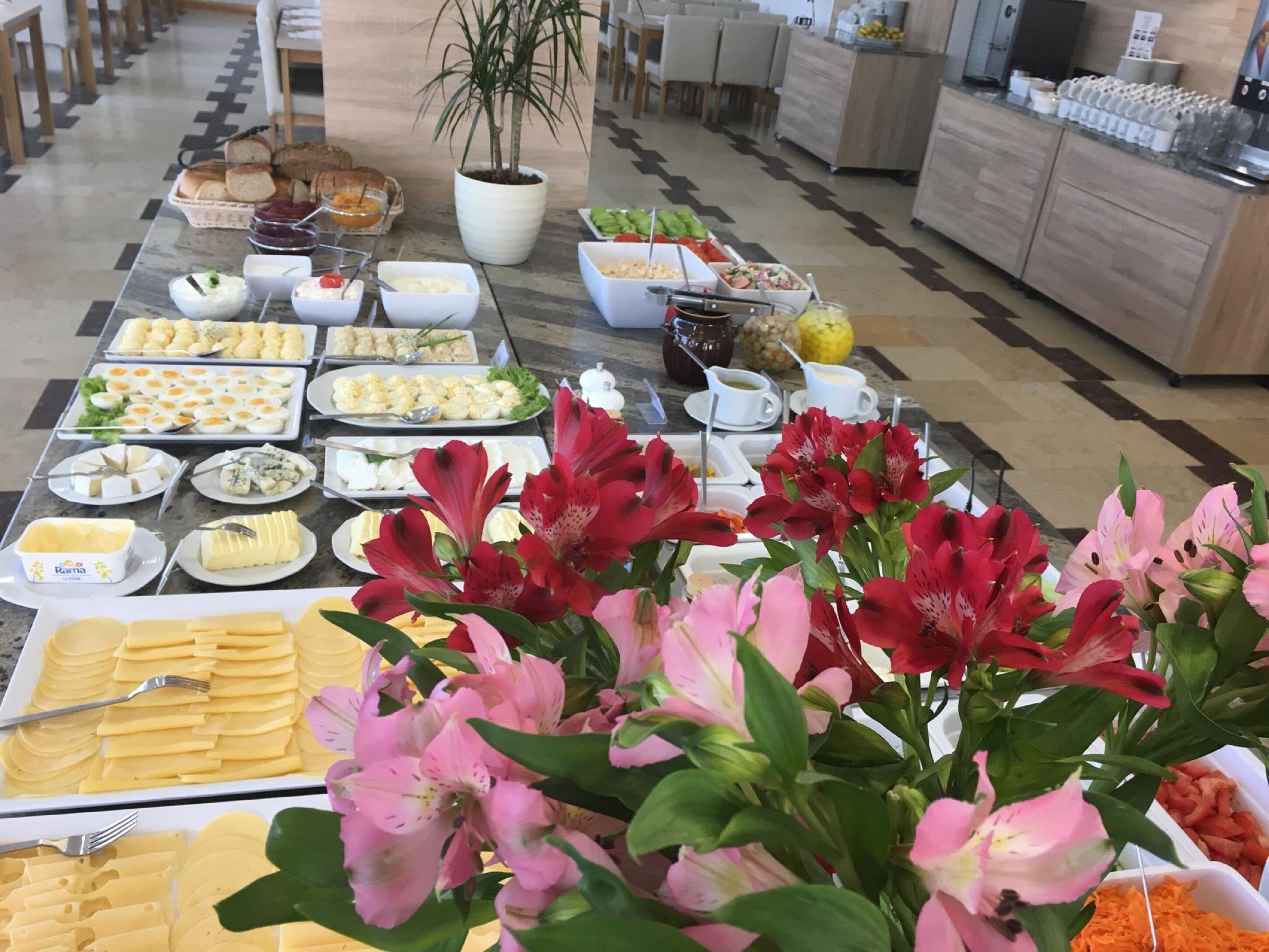 Una mesa de bufé con diversos alimentos y una planta en maceta.