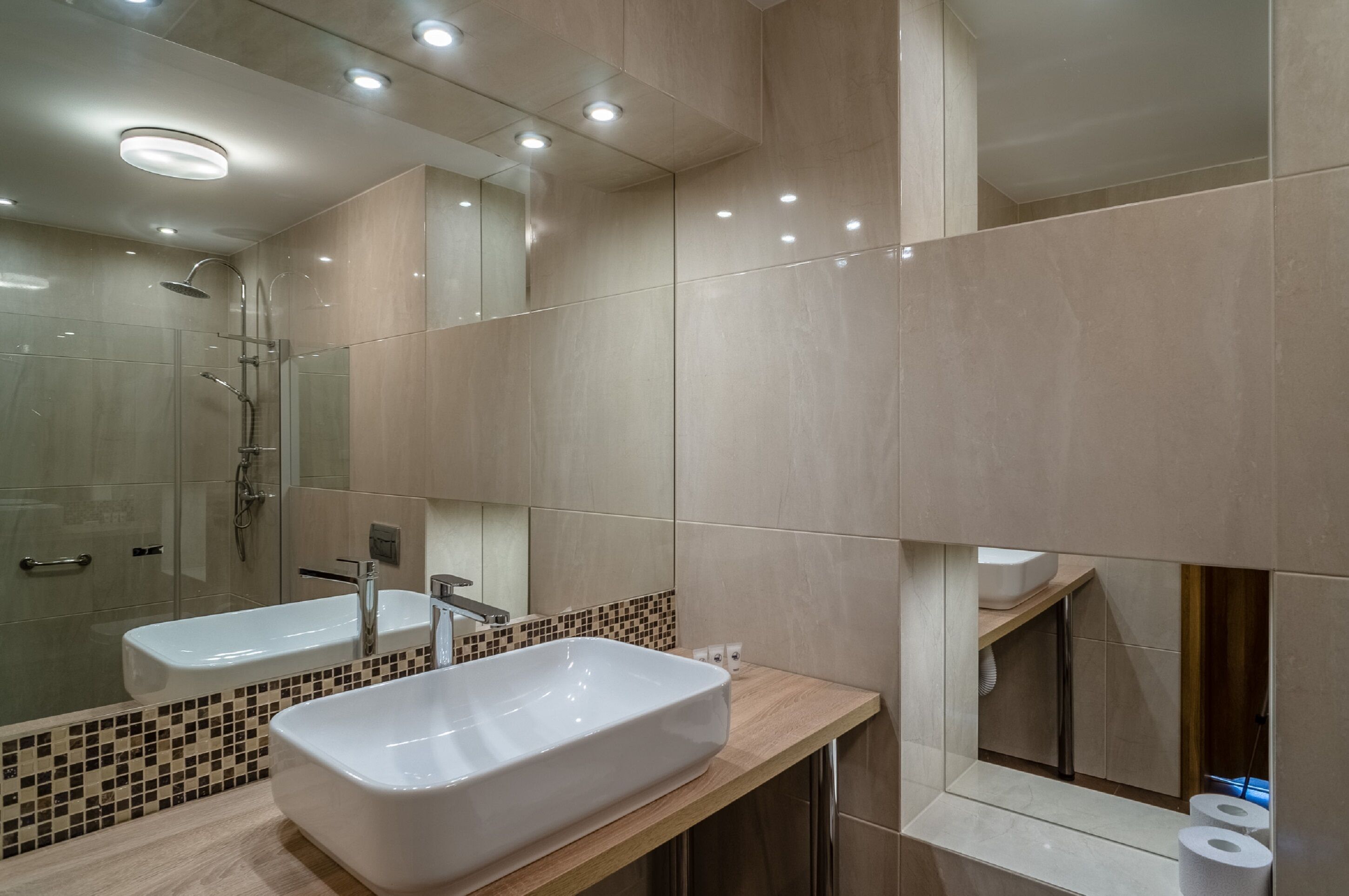 Standaard driepersoonskamer | Badkamer | Een douche, gratis toiletartikelen, een haardroger, handdoeken