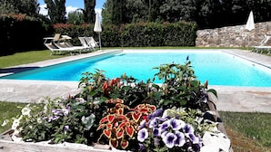 Ein Schwimmbecken mit Liegestühlen und einem Blumenbeet im Vordergrund.