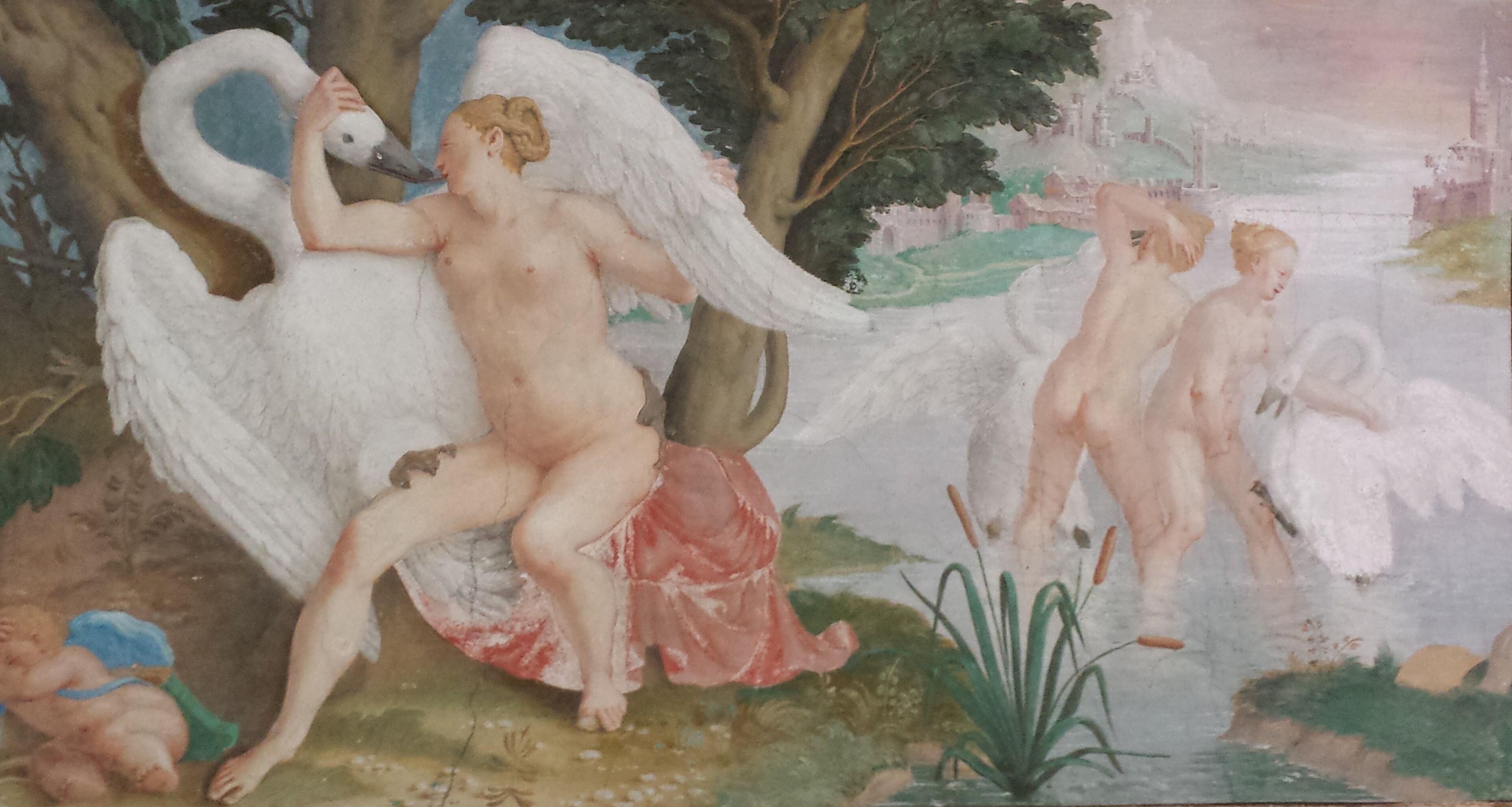 Ein klassisches Gemälde mit Putten und einem Schwan, das eine friedvolle Landschaft mit Bäumen und einem Gewässer zeigt.