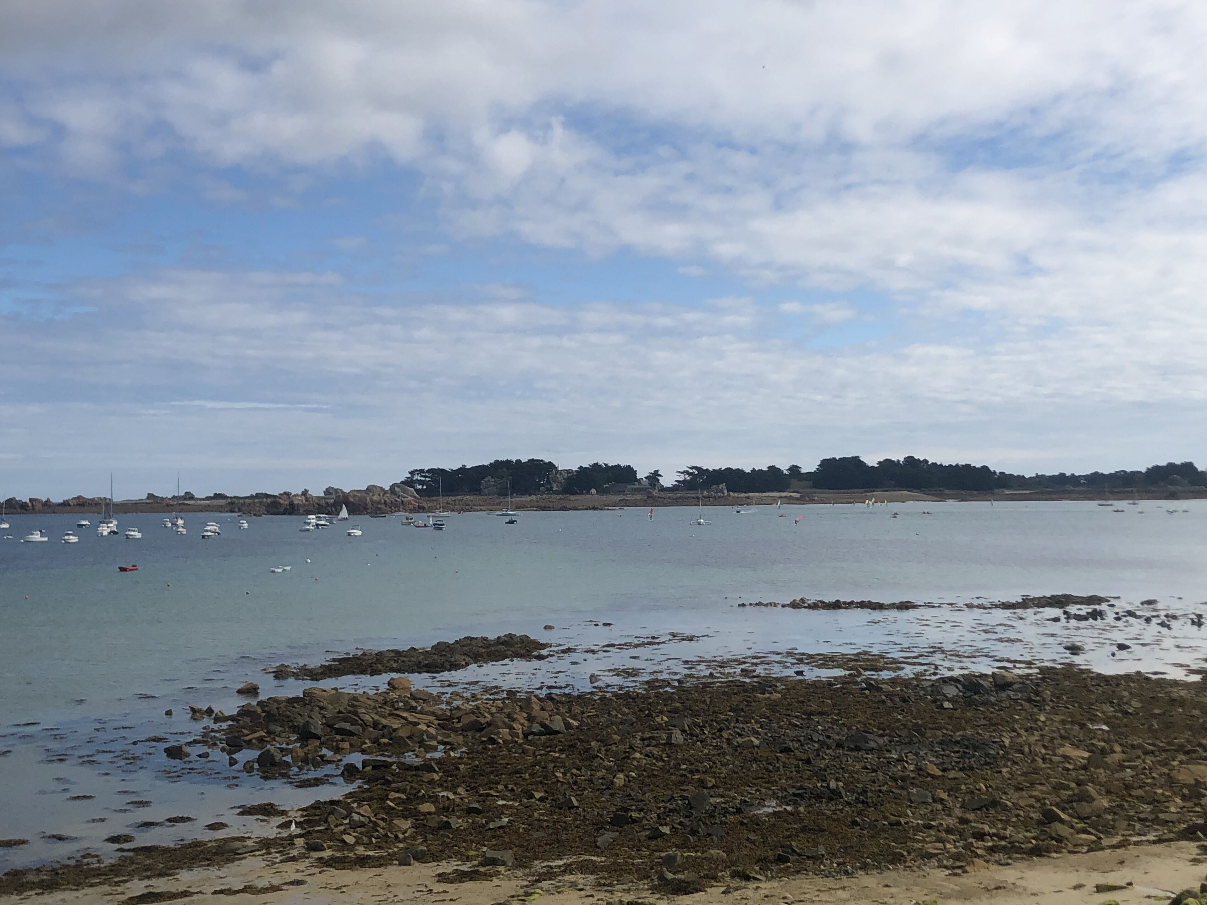 A coastal landscape with rocky shorelines, calm water, and boats.
