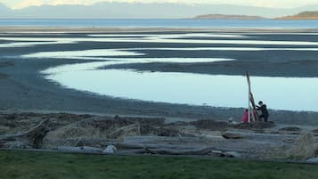 On the beach, sun-loungers, beach towels