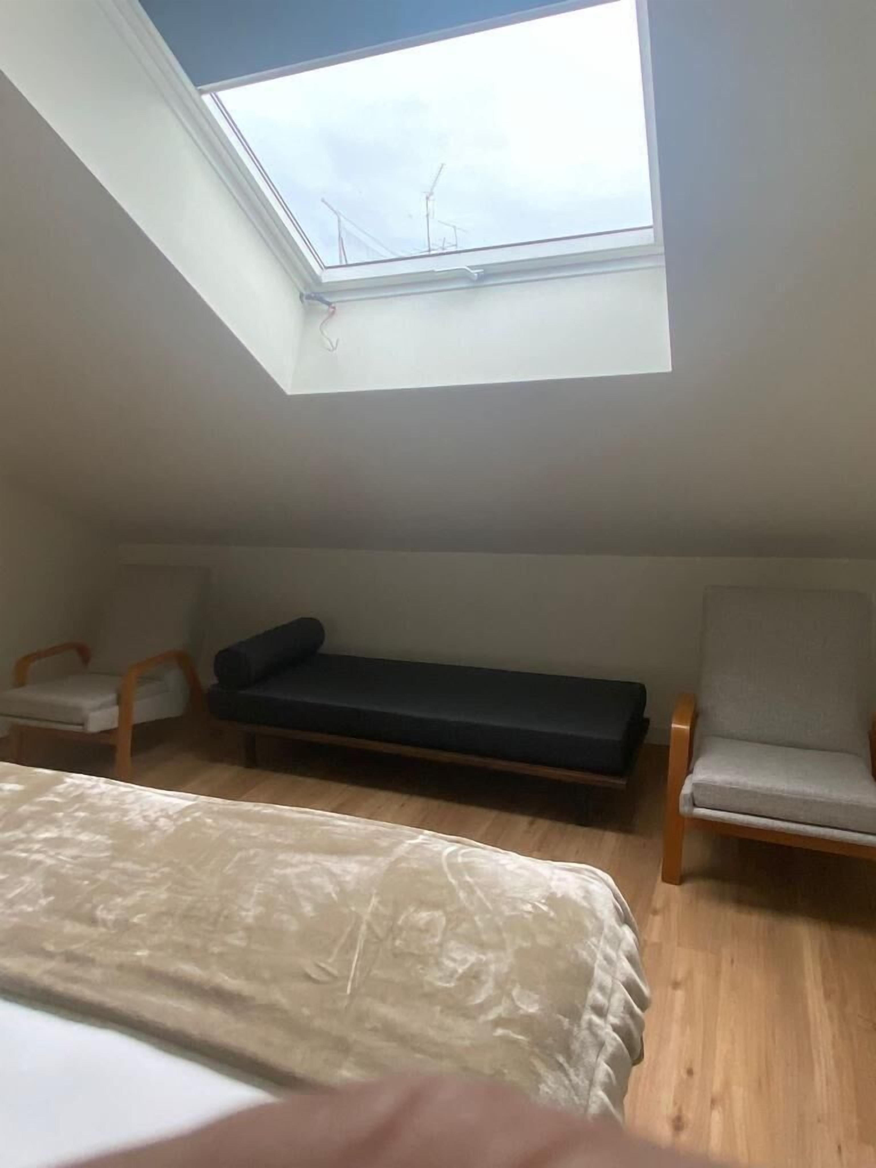 A room with a skylight, a bed, a sofa, and two chairs.