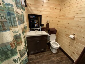 Combined shower/bathtub, towels, soap, shampoo
