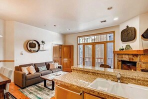 Smart TV, fireplace, books