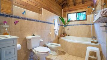 Deluxe Cabin, Terrace, Garden Area | Bathroom | Combined shower/tub, hair dryer, bidet, towels