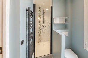 Douche, séchoir à cheveux, serviettes fournies, savon