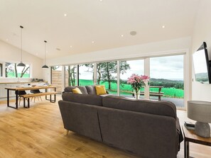 Un vaste espace de vie comprenant un canapé, une table à manger et une vue sur un paysage verdoyant, grâce à de grandes fenêtres.