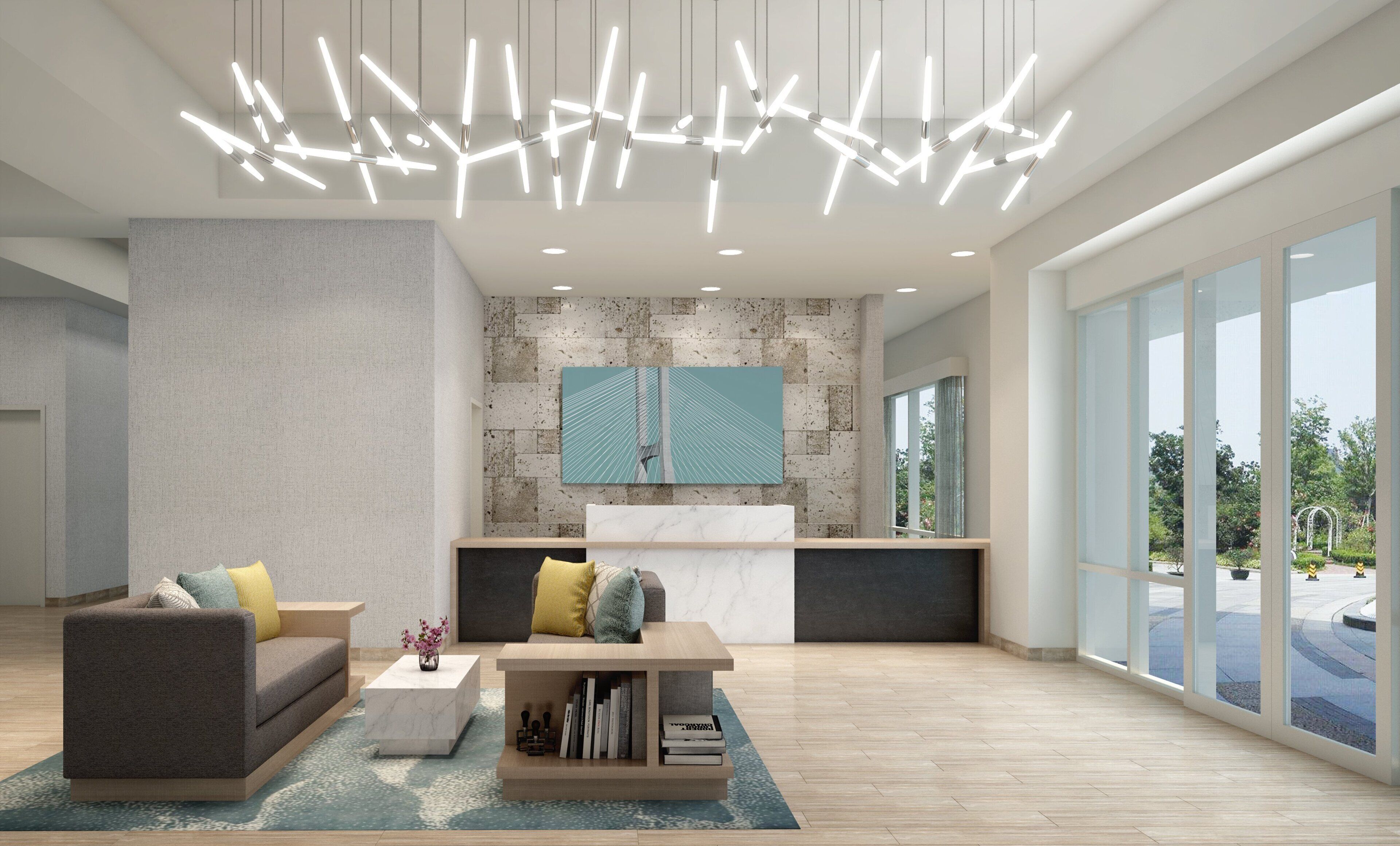 A modern interior with a sofa, coffee table, and a large window offering a view of the outdoors.