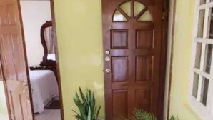 A room with a bed, a wooden door, and a potted plant.