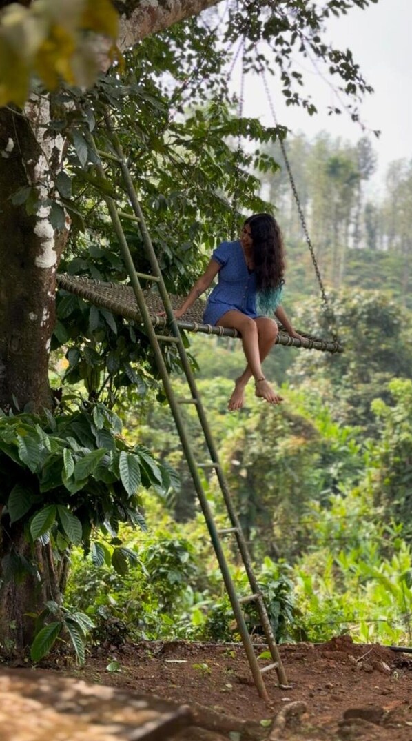 A person on a swing in a lush, green forest setting. - Annapara Home Stay (Vythiri)