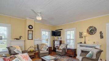 Televisión, chimenea, reproductor de DVD y libros