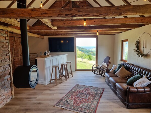 Smart-TV, Kamin, Stereoanlage, Computerbildschirme