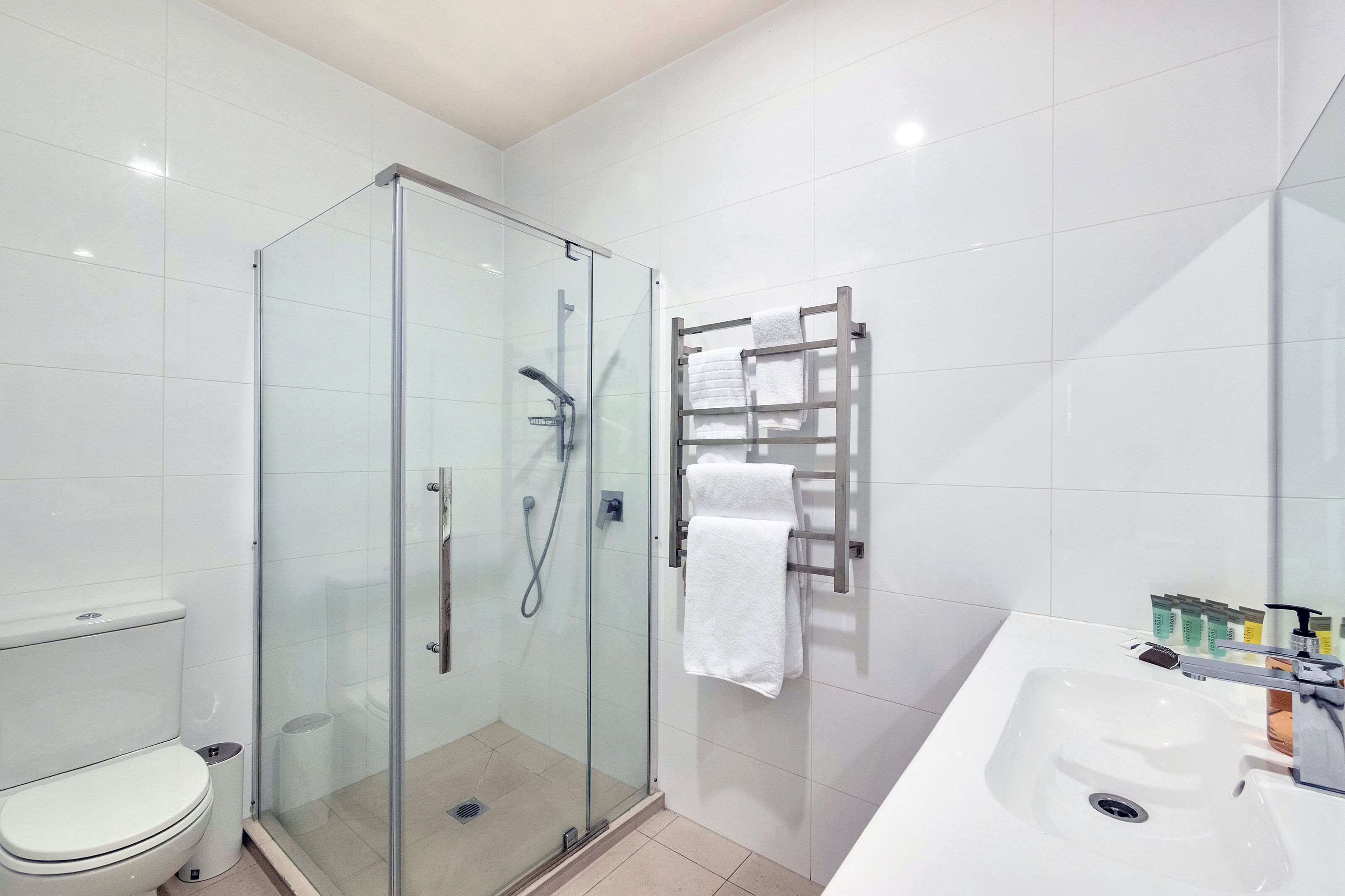 Shower, free toiletries, hair dryer, towels
