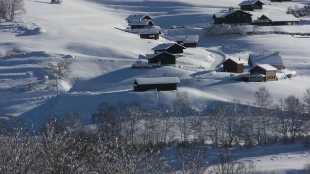 A snow-covered landscape with several wooden cabins.