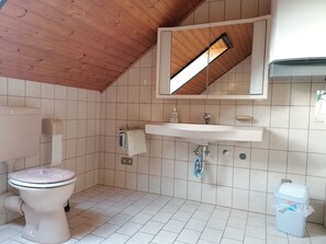 Une petite salle de bain propre, équipée de toilettes, d’un lavabo et d’un miroir.
